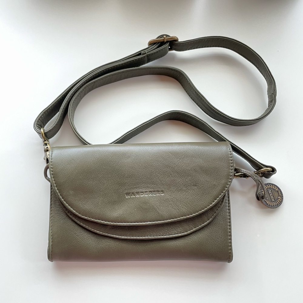 Wanderers Travel Co Leather Crossbody Bag, Army green clutch, long strap